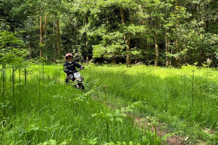 Child riding a dirt bike on a forest trail with lush greenery.